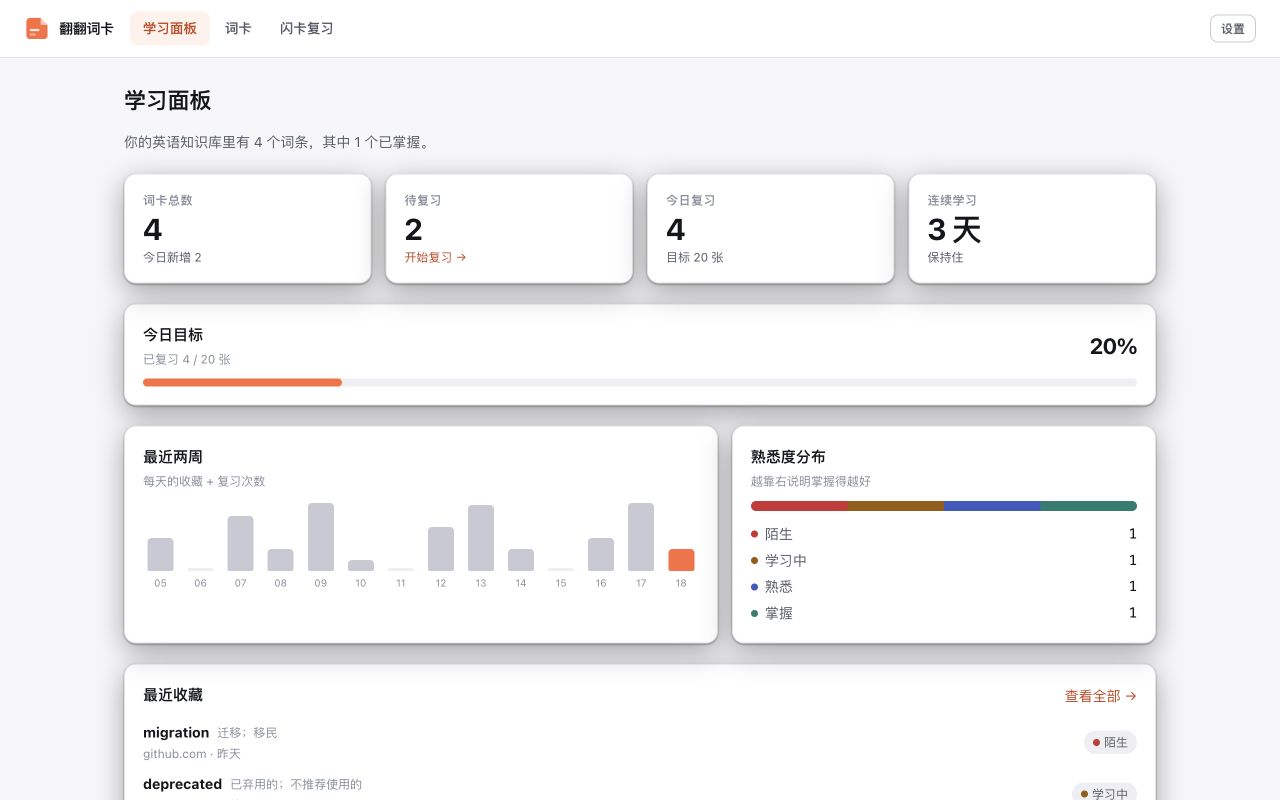 翻翻词卡学习面板展示词卡、待复习数量和学习进度